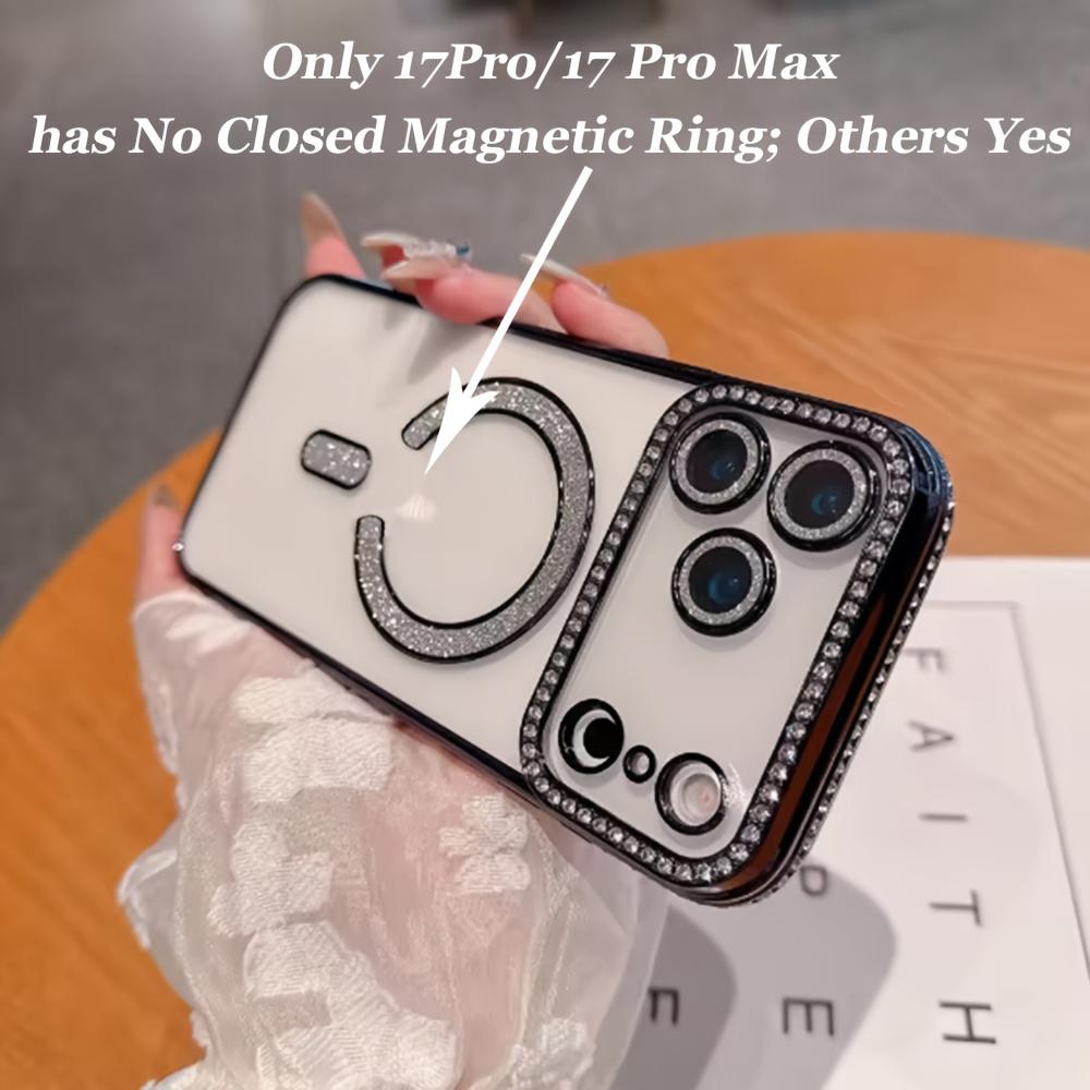 Magnetic Transparent Rhinestone Phone Case Compatible with for iphone 17 Air Pro Max, Featuring a Lens Film Cover And Support for Wireless Charging, Magnetic Phone, Cell Phone Case For Women, Pink Cute Phone, Phone Case