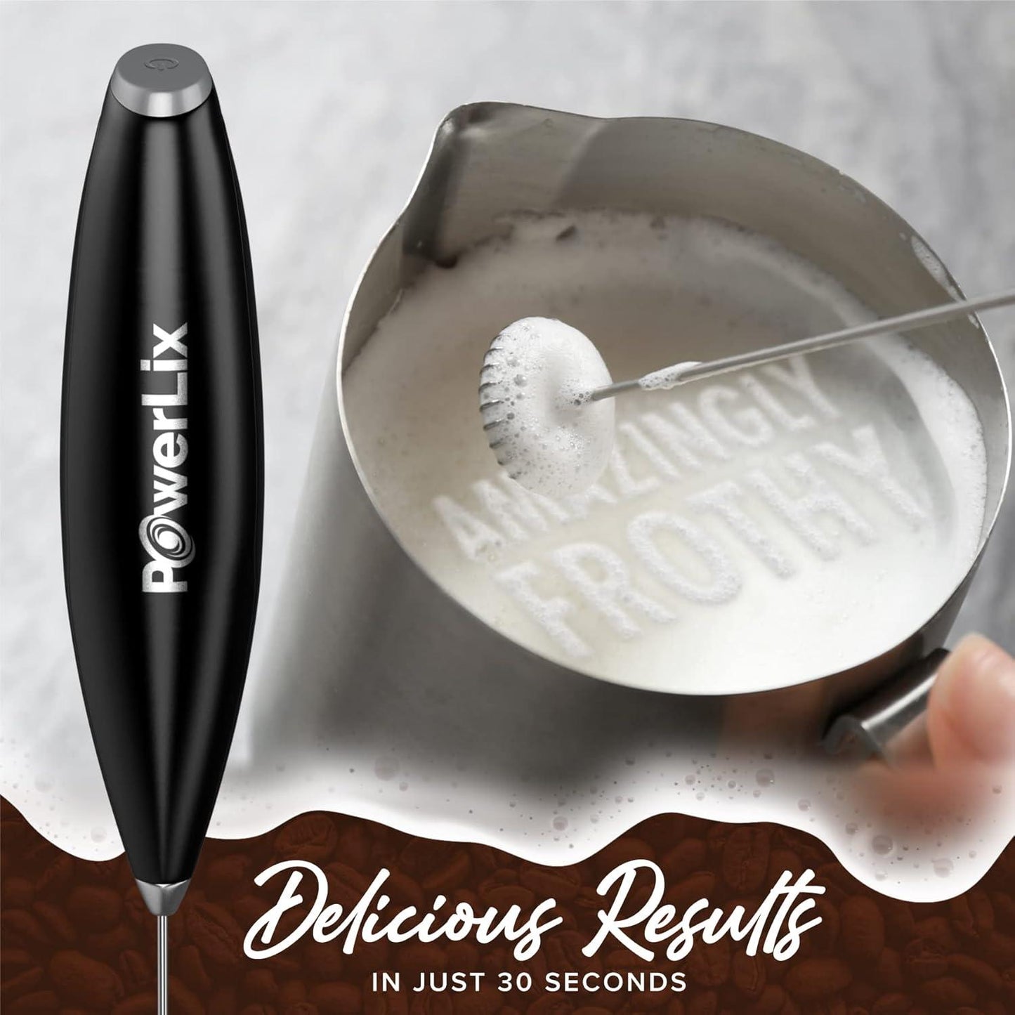 Powerlix Milk Frother Handheld Whisk - Electric Milk Frother Foamer with Stainless Steel Stand,15-20S, Powerful 19000Rpm, Mini Drink Mixer Coffee Frother for Latte, Cappuccino, Hot Chocolate POWERLIX