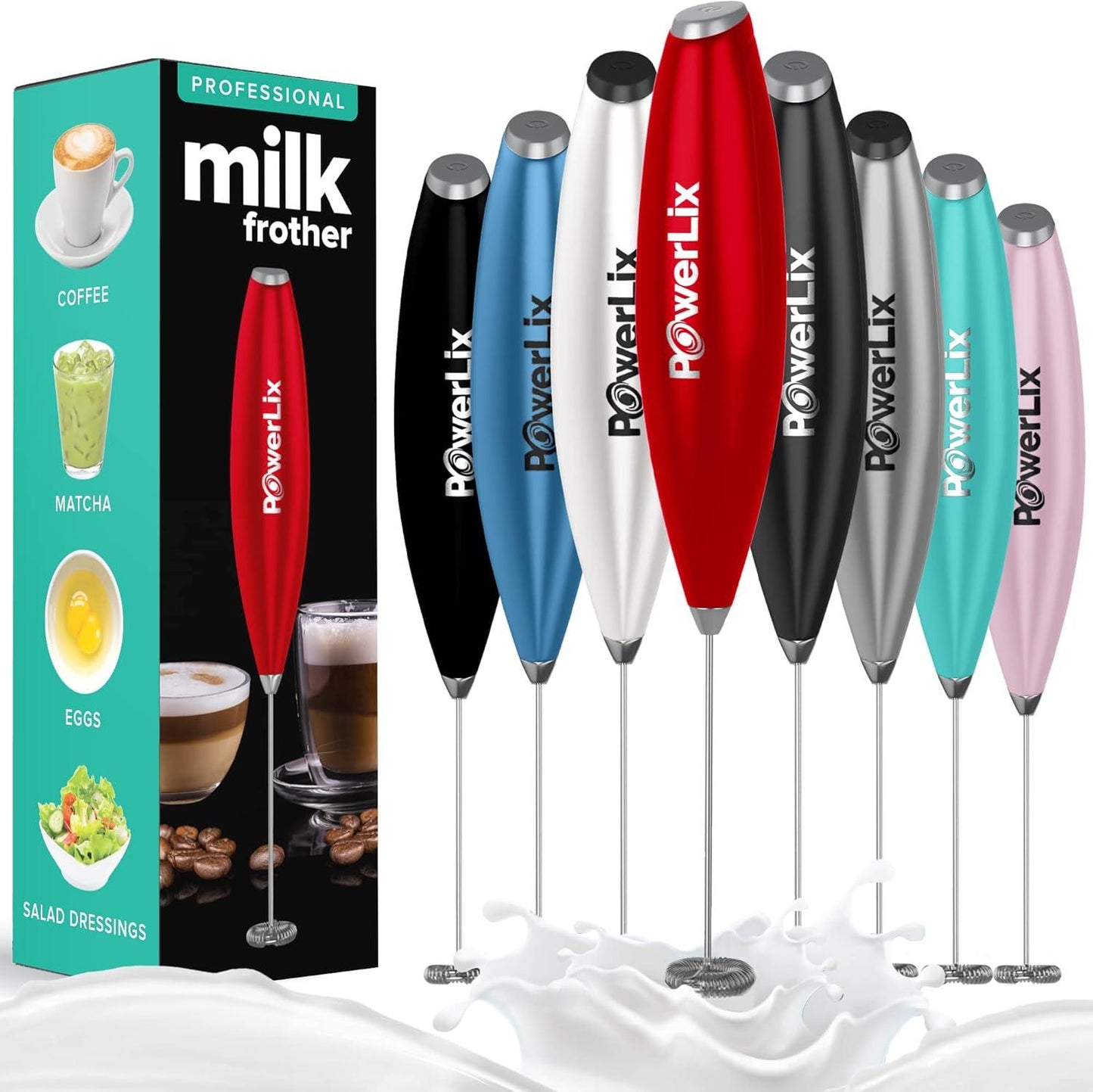 Powerlix Milk Frother Handheld Whisk - Electric Milk Frother Foamer with Stainless Steel Stand,15-20S, Powerful 19000Rpm, Mini Drink Mixer Coffee Frother for Latte, Cappuccino, Hot Chocolate POWERLIX