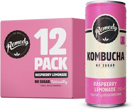 Remedy Kombucha  - Raspberry Lemonade - Sparkling Live Cultured Drink - Naturally Sugar Free Soft Drink - Prime Probiotic Drink for Gut Health - 12 X 250Ml REMEDY Kombucha