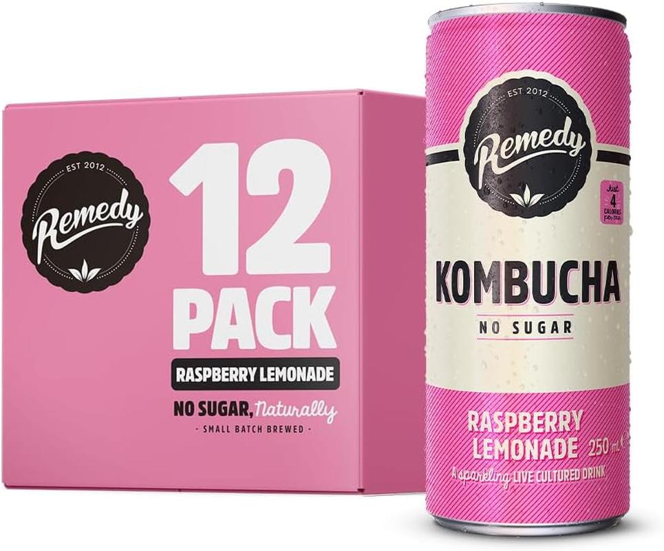 Remedy Kombucha  - Raspberry Lemonade - Sparkling Live Cultured Drink - Naturally Sugar Free Soft Drink - Prime Probiotic Drink for Gut Health - 12 X 250Ml REMEDY Kombucha