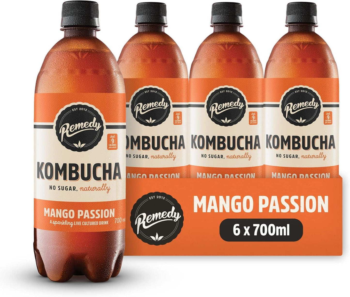 Remedy Kombucha Mango Passion Sparkling Live Cultured Soft Drink 12 x 250ml No Sugar Probiotic for Gut Health Natural Fruity Taste