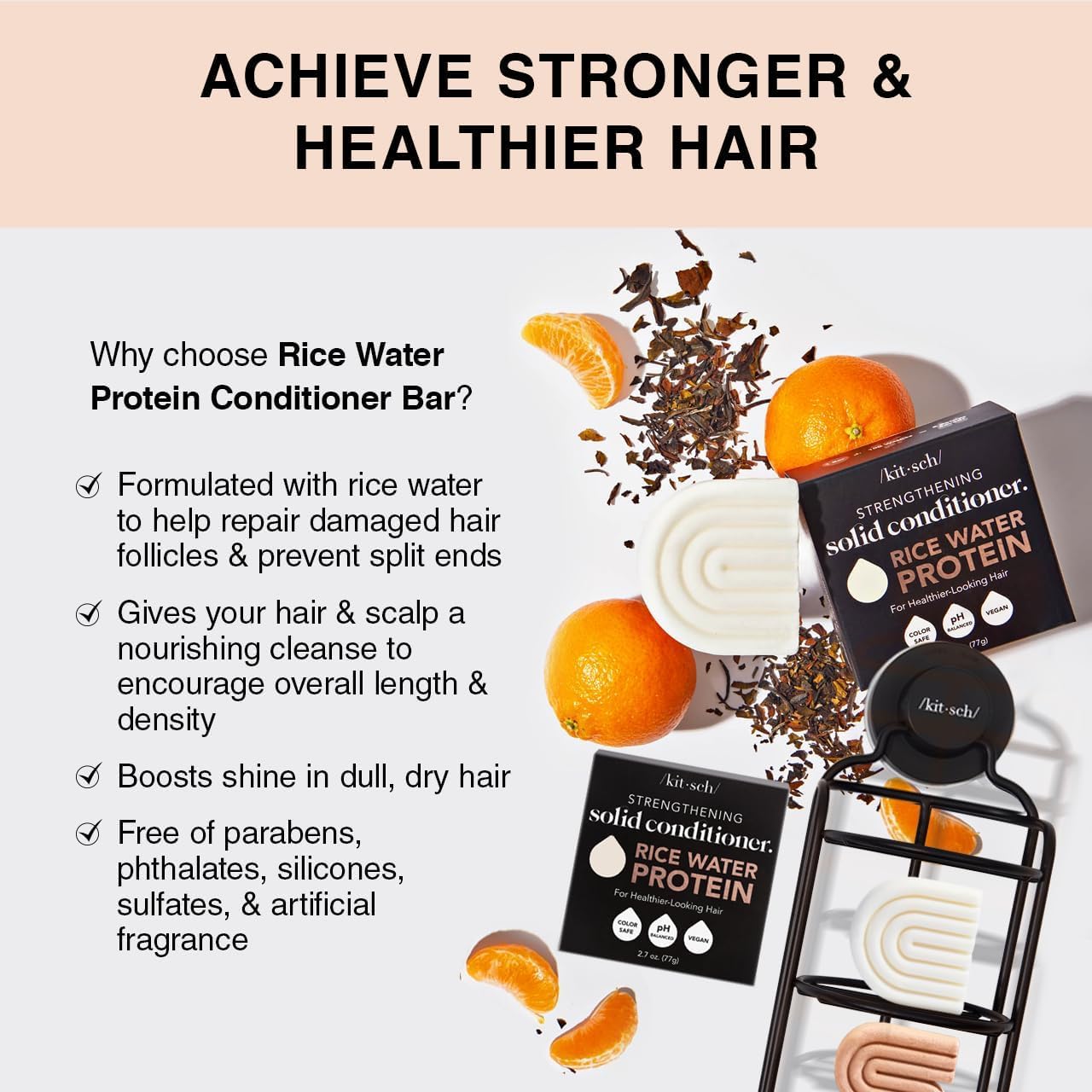 Kitsch Rice Water Shampoo & Conditioner Set - Solid Shampoo Bar & Conditioner Bar with Protein for Strengthening & Damage Repair - Paraben, Sulfate and Silicone Free - Nourishing Hair Care Set, 2Pcs
