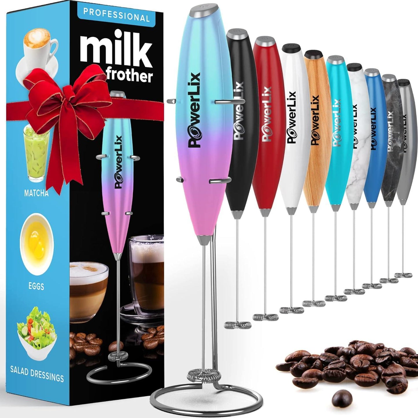 Powerlix Milk Frother Handheld Whisk - Electric Milk Frother Foamer with Stainless Steel Stand,15-20S, Powerful 19000Rpm, Mini Drink Mixer Coffee Frother for Latte, Cappuccino, Hot Chocolate POWERLIX