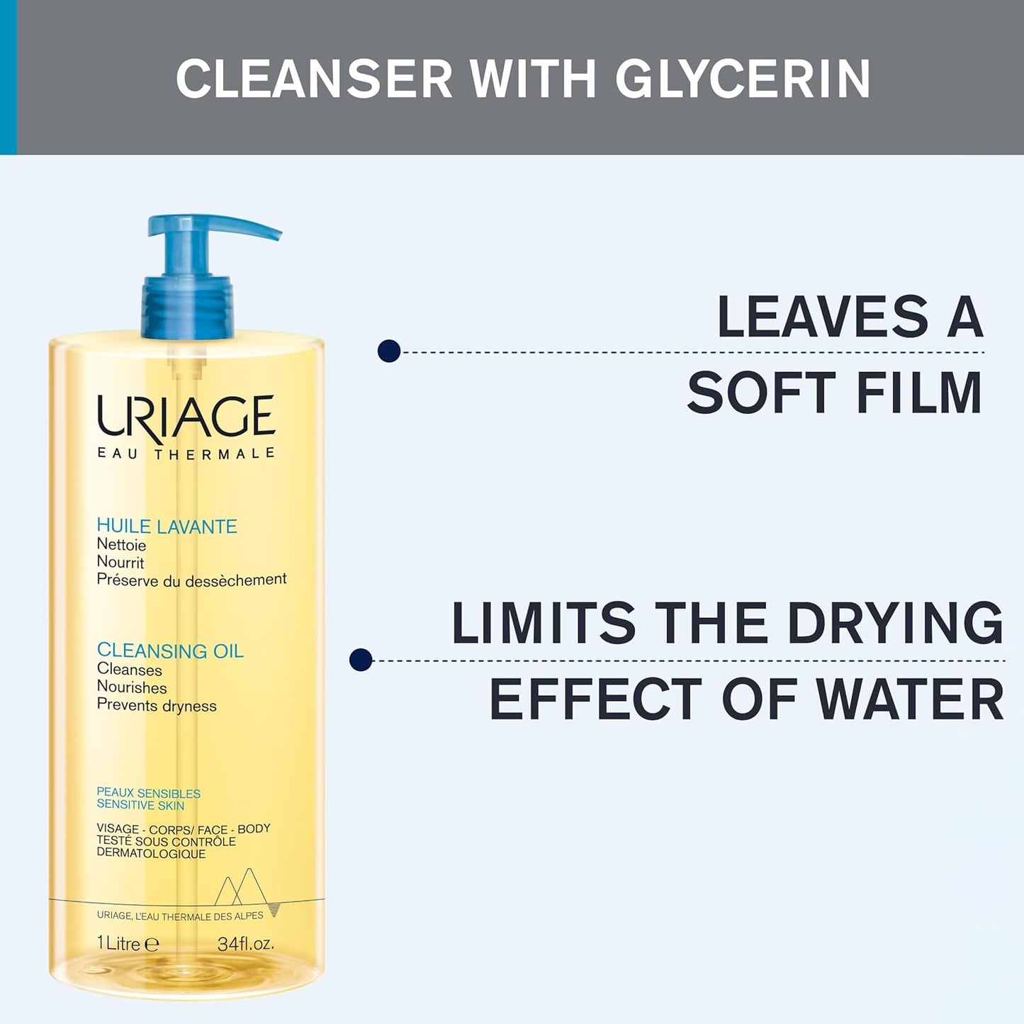 Uriage Cleansing Oil 1L - Body & Face - Sensitive Skin - Cleanses, Nourishes, Prevents Dryness - with Gentle Superfatting Agents Leaving a Soft, Protective Film on the Skin URIAGE