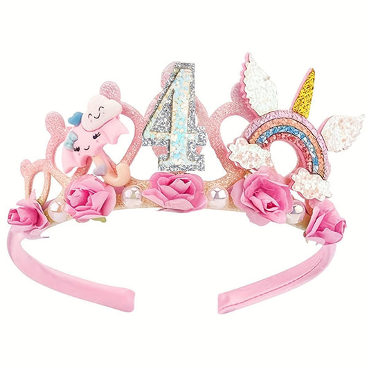 Mermaid Crown with Flower and Unicorn Princess Tiara - Youth Birthday Party Headgear, Festive Party Photo Prop Decoration, Polyester, All-Season Wear, Party Headgear | Cartoon Pattern | Plastic Material, Mermaid Party Decorations