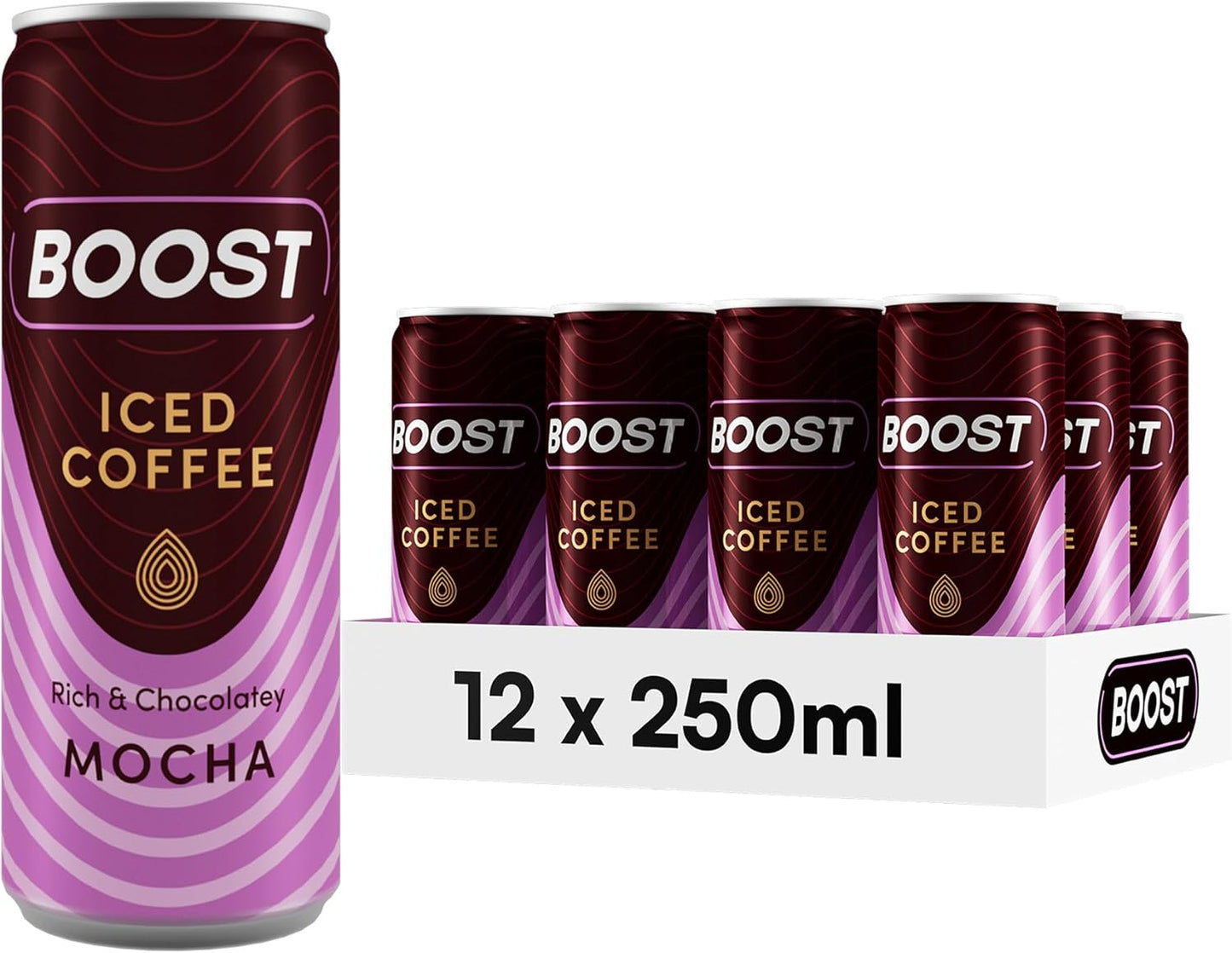 Boost Iced Coffee Cans Mocha | 12 Canned Drinks with High Caffeine, Arabica and Robusta Coffee Beans and Milk | Ice Coffee Bulk Drinks | Gluten Free Coffee Chocolate Mocha Drinks Multipack | 12X250Ml