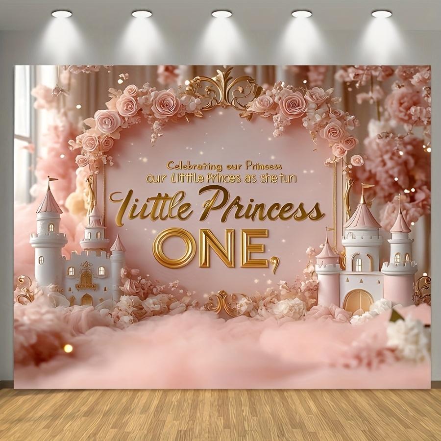 Charming Pink Floral And Castle-Themed Happy Birthday Backdrop - a Durable Vinyl Banner Featuring a 'Little Princess Is One' Design, Perfect for Commemorative Photos, Cake Tables, Outdoor Celebrations, And Birthday Party Decorations.