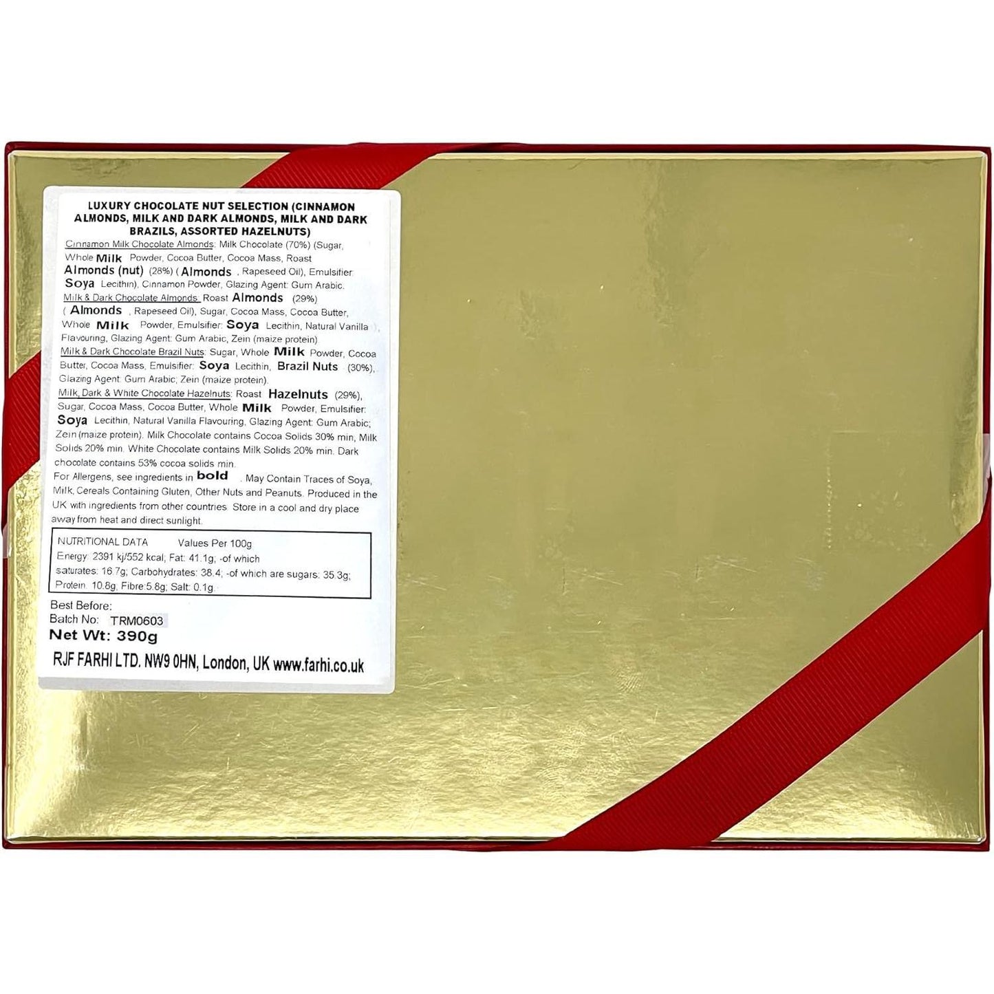 Rita Farhi Chocolate Covered Nut Selection Luxury Gift Box 390G - Almonds, Brazil Nut, Hazelnuts. Cinnamon Dusted and Chocolate Covered Nuts - New Palm Oil Free Recipe