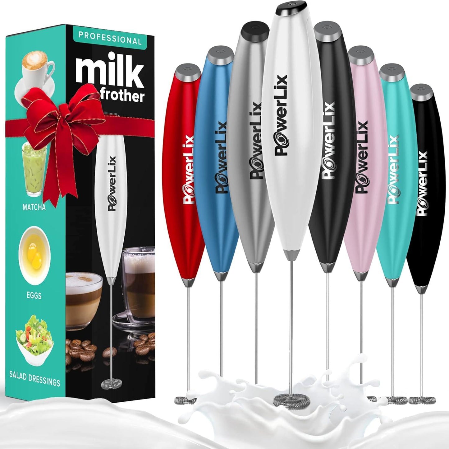 Powerlix Milk Frother Handheld Whisk - Electric Milk Frother Foamer with Stainless Steel Stand,15-20S, Powerful 19000Rpm, Mini Drink Mixer Coffee Frother for Latte, Cappuccino, Hot Chocolate POWERLIX