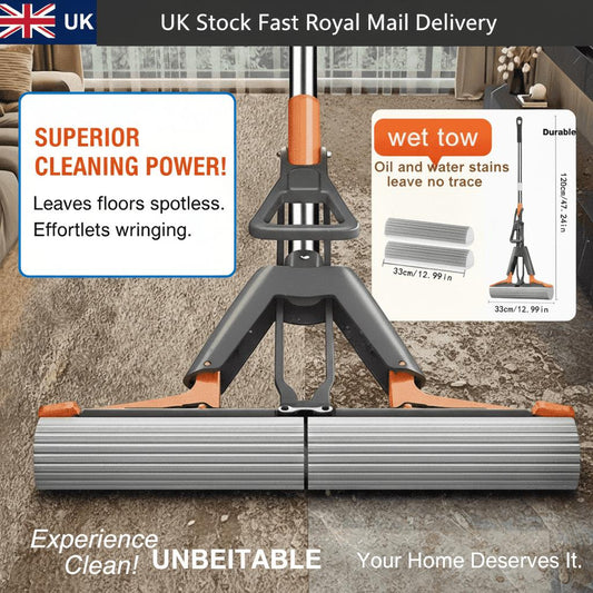 Cleaning Power High Absorbency Sponge Mop Dual Fold Dry Wet Use Durable Handle