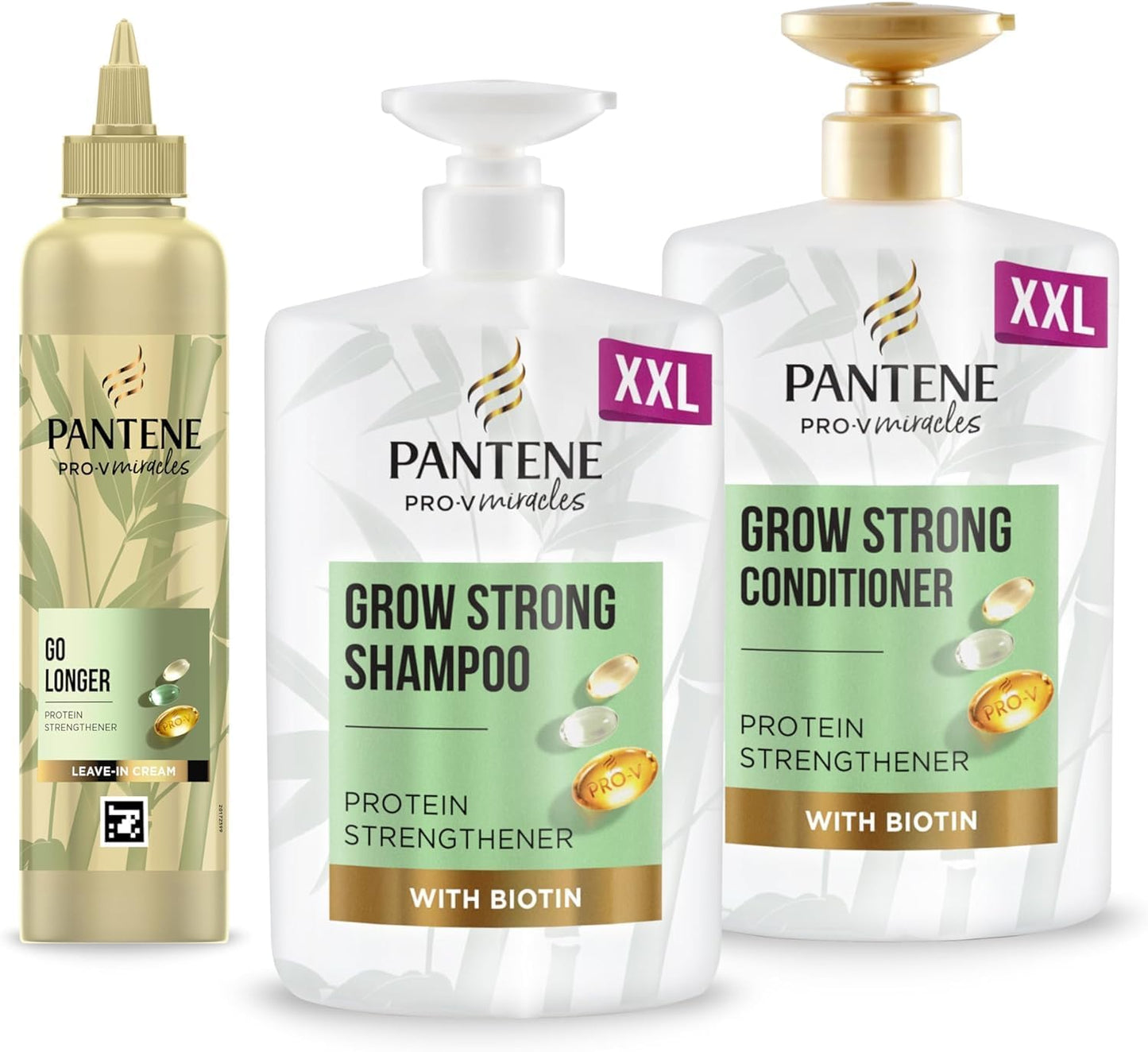 Pantene Grow Strong Shampoo and Conditioner Set and Leave in Cream to Promote Hair Growth. for Dry, Damageed Hair, Helps Reduce Hair Loss, Strengthen and Thicken Hair.