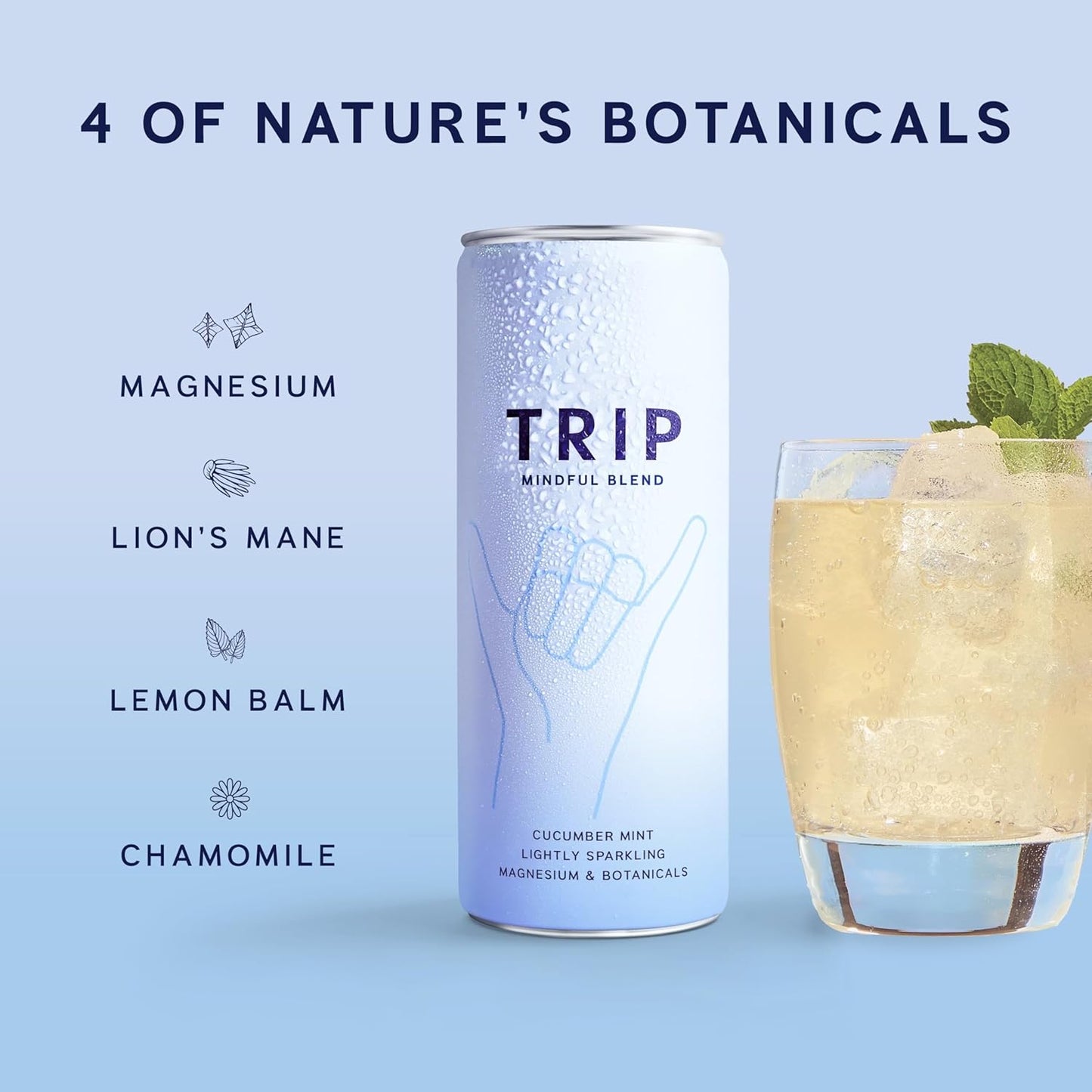 TRIP Mindful Blends Cucumber Mint Sparkling Drink with 1440MG Magnesium Lion’s Mane Chamomile Lemon Balm Low Calorie Vegan Pack of 12 X 250ml UK Crafted Beverage