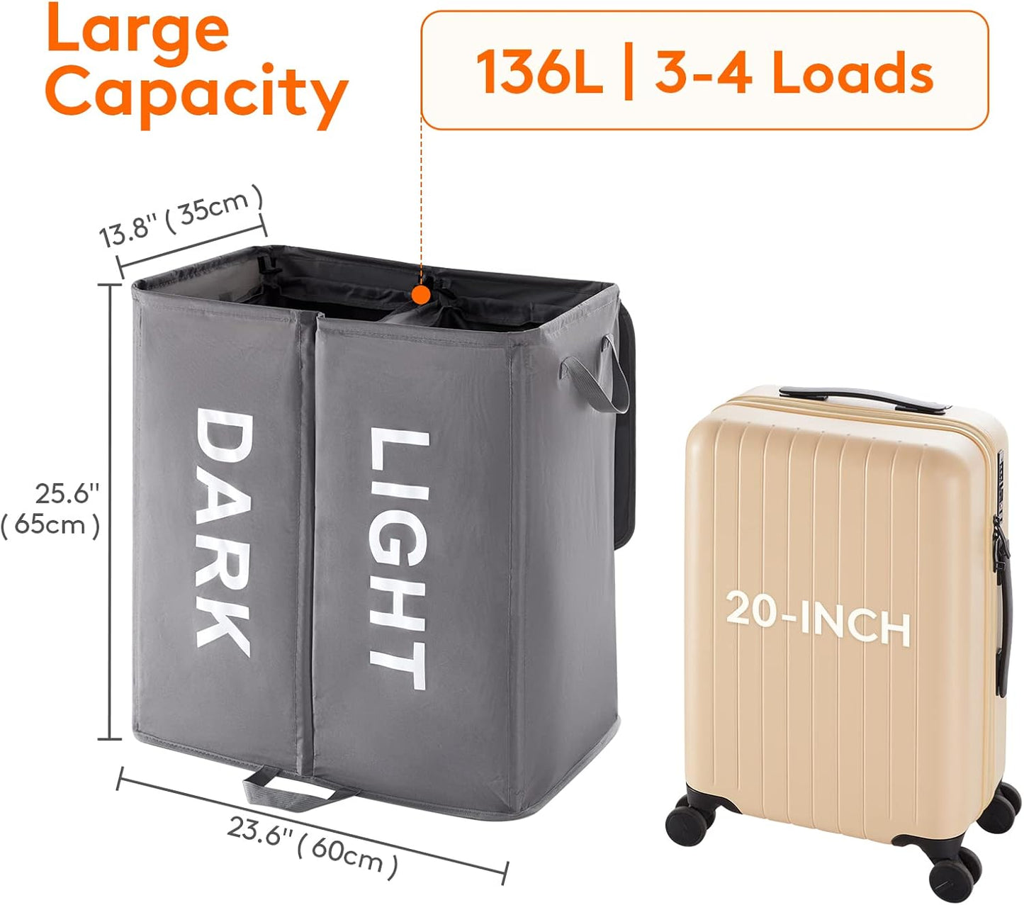 Lifewit 136L Double Laundry Hamper with Lid and Removable Laundry Bags, Large Divided Hamper, Collapsible 2 Section Laundry Basket with Handles for Bedroom, Bathroom, College Dorm, Laundry Room, Grey