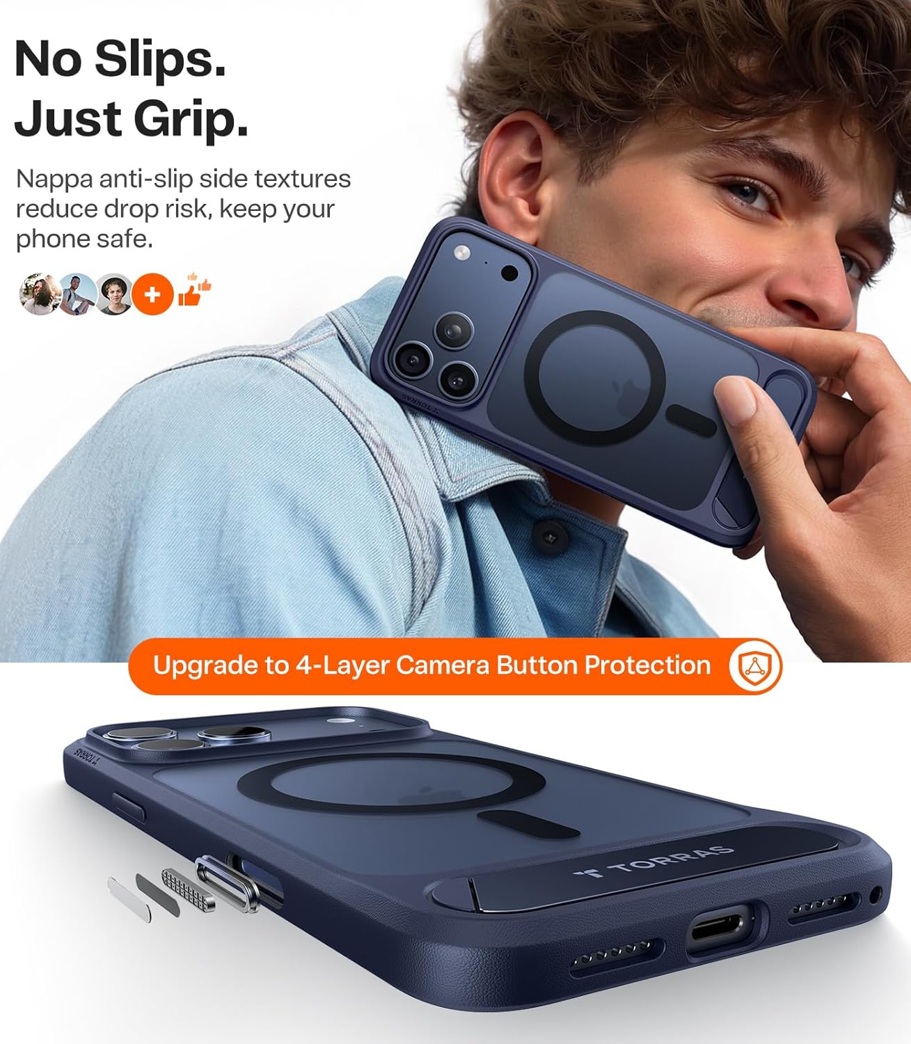 TORRAS Stand for Iphone 17 Pro Max Case – Durable Titanium Stand, Compatible with Magsafe, Camera Button Shield, 12FT Drop Protection for Iphone 17 Pro Max Cover – Navy Blue