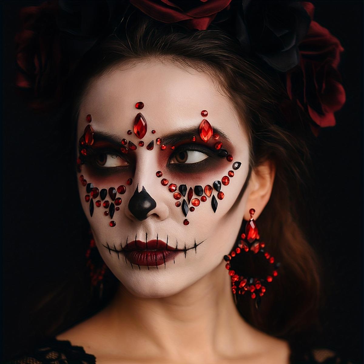 Sparkling Red Rhinestone Temporary Tattoo Patch Easy to Apply & Remove Long Lasting Adhesive for Halloween Costume Parties Gothic Makeup Reusable Face Decoration for DIY Beauty Looks Festival Accessories
