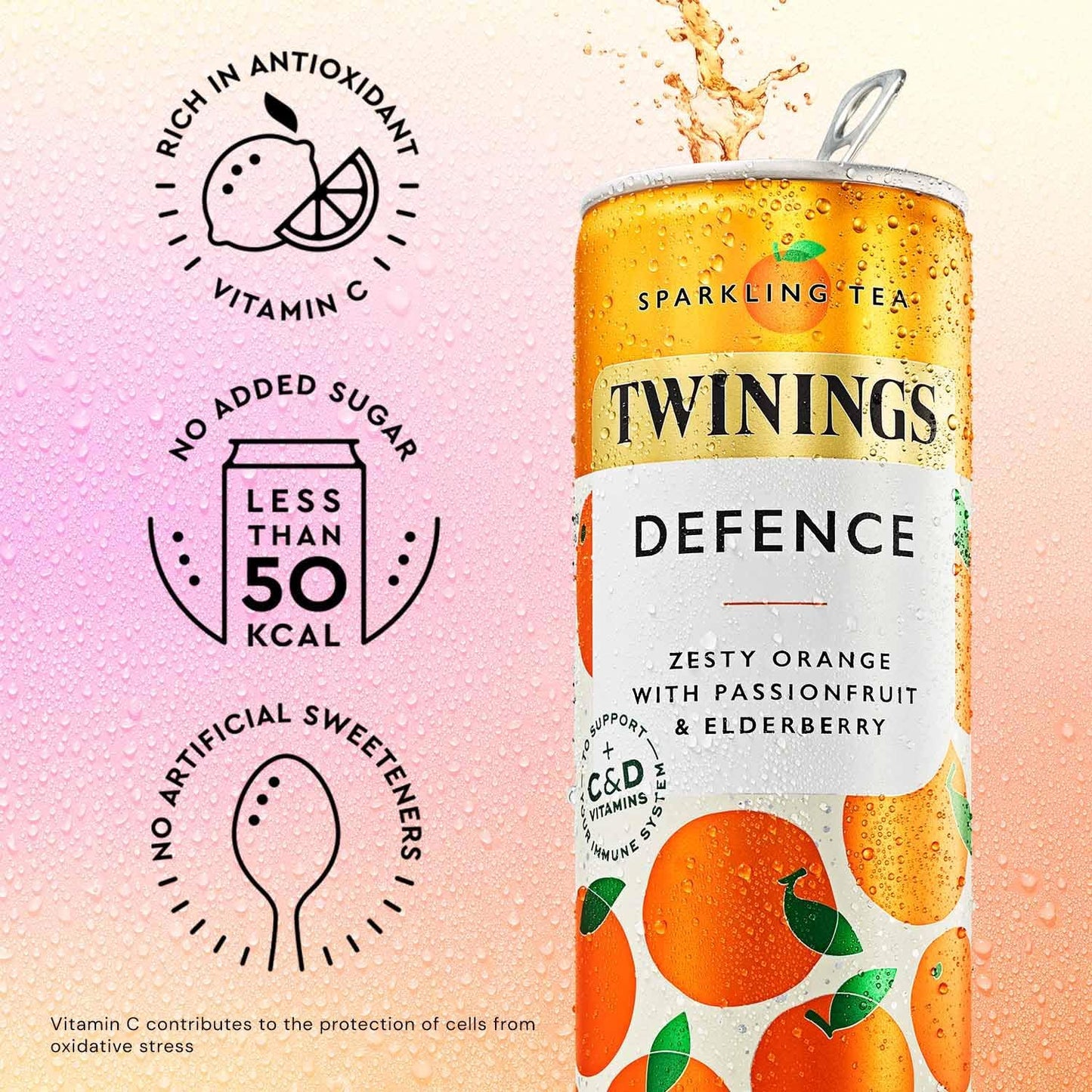 Twinings Defence -Orange and Passionfruit Flavoured Sparkling Tea-Refreshing Fruity Beverage(4X250Ml Cans)-No Added Sugar,Low in Caffeine/Calorie,Healthy Alternative,Antioxidant Rich,Vegan,Gluten Free