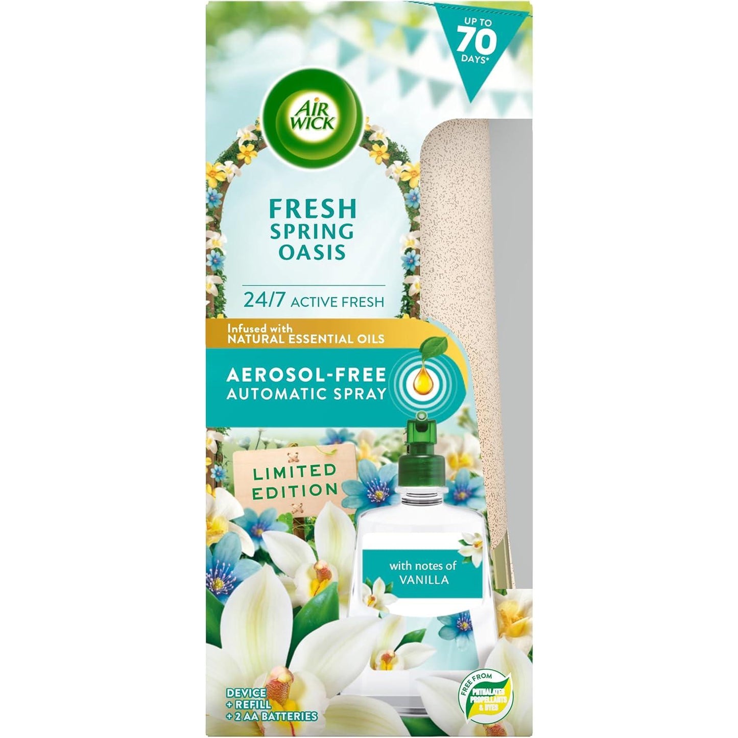 Air Wick Aerosol-Free Automatic Air Freshener Spray Kit, Eucalyptus & Freesia, 1 Gadget & 1 Refill (228Ml), 24X7 Active Fresh Odour Neutraliser, Lasts up to 70 Days, Air Freshener for Home