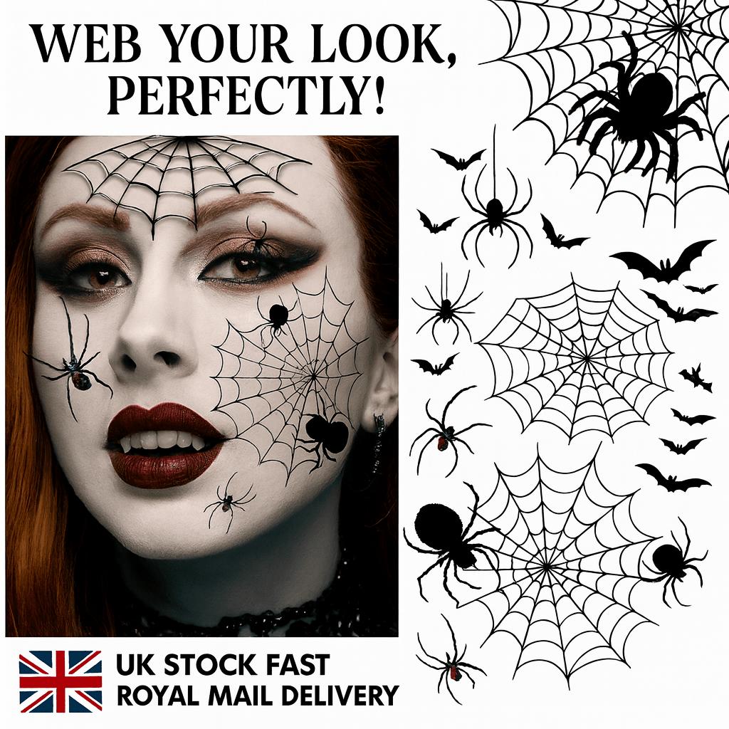 Halloween Temporary Tattoos - 1 Sheet Waterproof Realistic Spider Web, Spiders & Bats Design | Long-Lasting Fake Tattoo Stickers for Adults | Oblong Shape for Arm, Thigh, Leg, Forearm, Shank