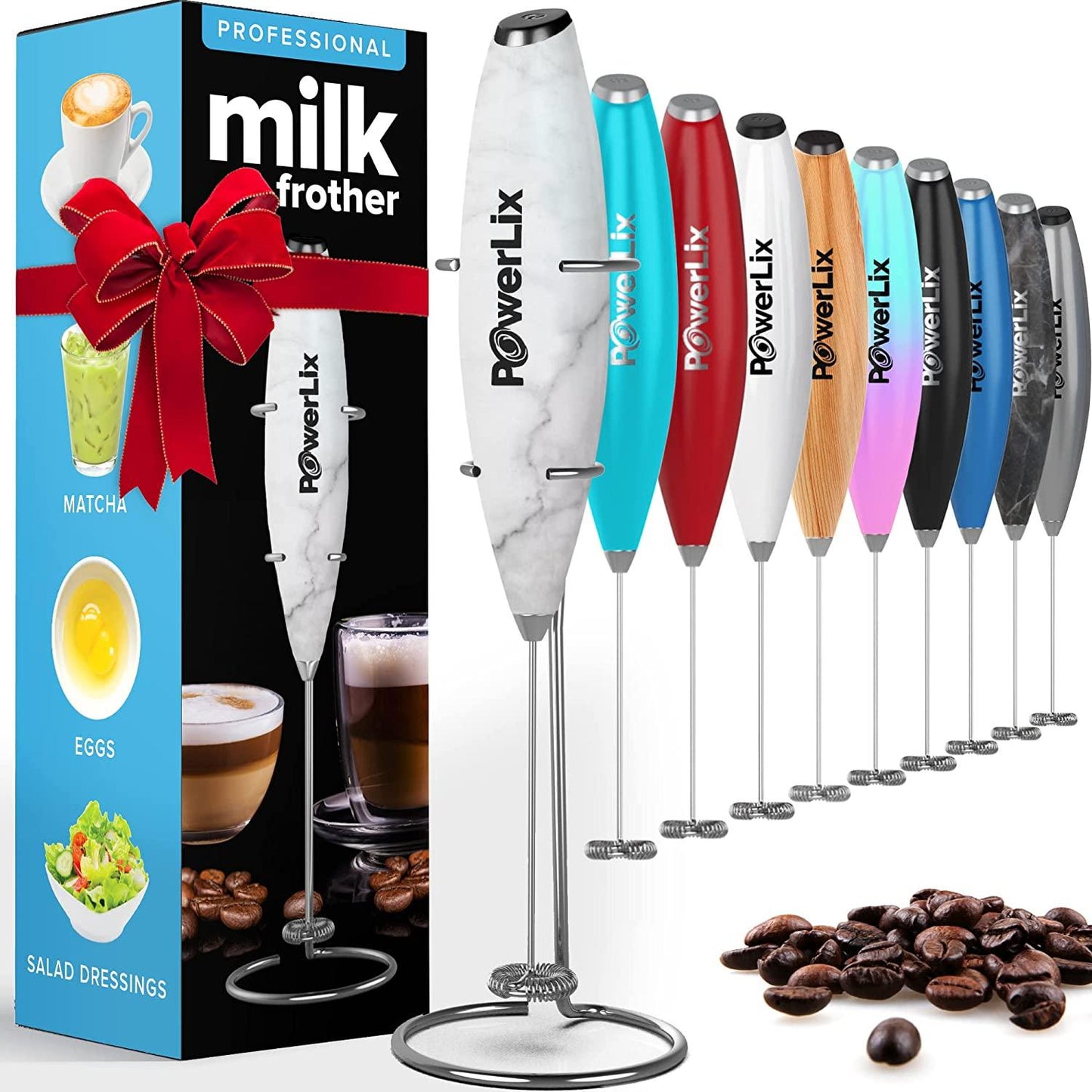 Powerlix Milk Frother Handheld Whisk - Electric Milk Frother Foamer with Stainless Steel Stand,15-20S, Powerful 19000Rpm, Mini Drink Mixer Coffee Frother for Latte, Cappuccino, Hot Chocolate POWERLIX