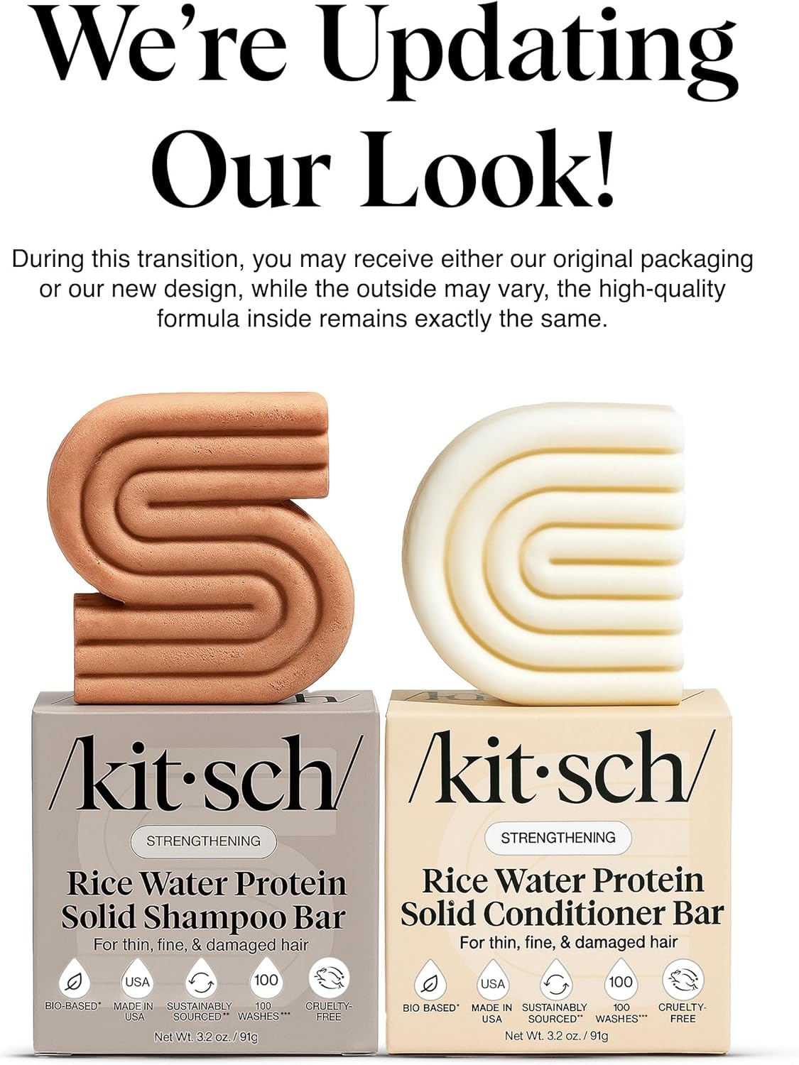 Kitsch Rice Water Shampoo & Conditioner Set - Solid Shampoo Bar & Conditioner Bar with Protein for Strengthening & Damage Repair - Paraben, Sulfate and Silicone Free - Nourishing Hair Care Set, 2Pcs