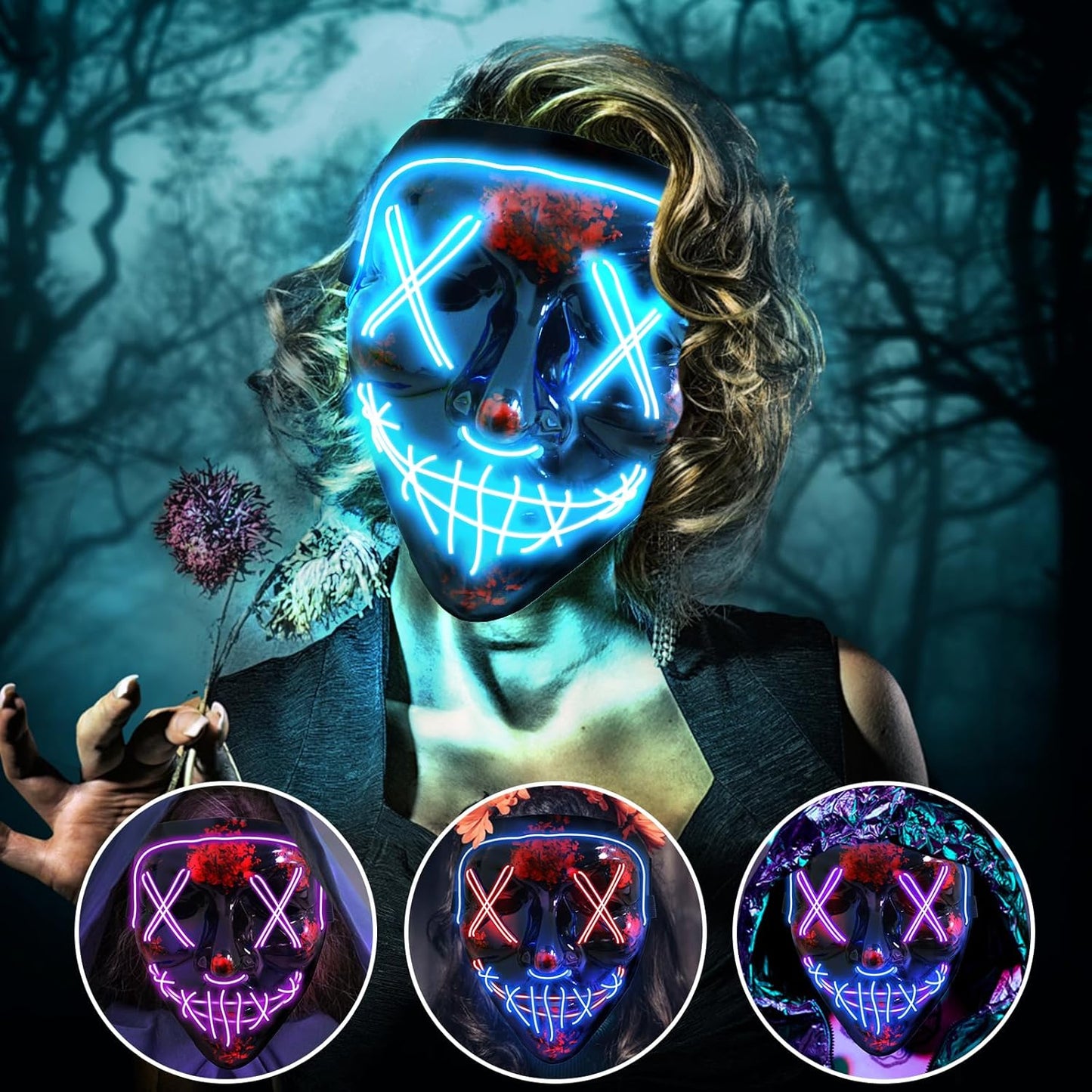 Jsdoin Halloween Masks, Scary LED Purge Mask, Light up Mask Cosplay, LED Rave Face Mask Costume 3 Lighting Modes, Halloween Face Masks for Men Women Kids