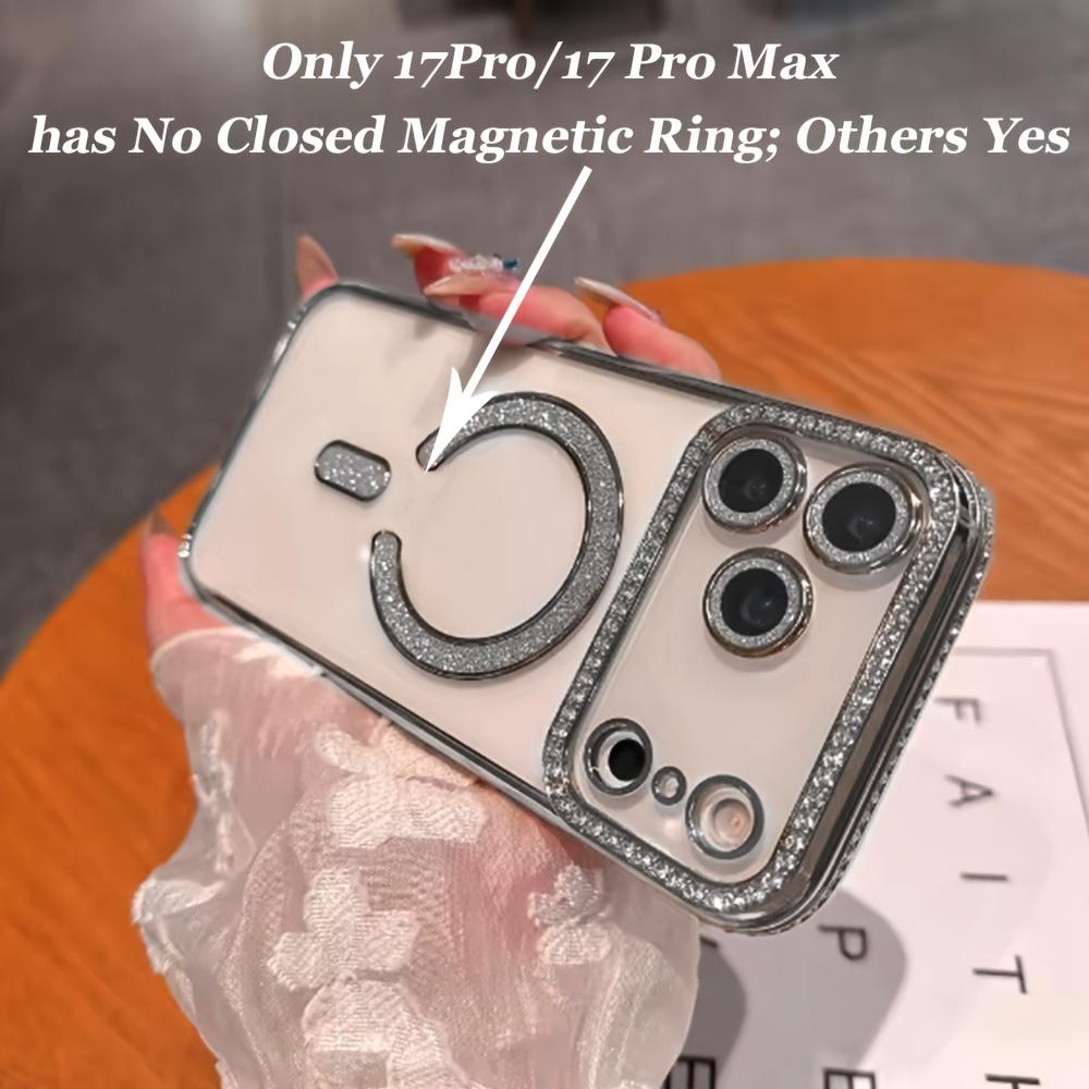 Magnetic Transparent Rhinestone Phone Case Compatible with for iphone 17 Air Pro Max, Featuring a Lens Film Cover And Support for Wireless Charging, Magnetic Phone, Cell Phone Case For Women, Pink Cute Phone, Phone Case