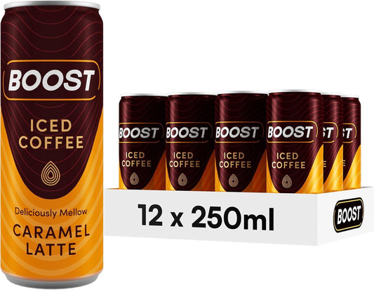Boost Iced Coffee Cans Caramel Latte | 12 Canned Drinks with High Caffeine, Arabica and Robusta Coffee Beans and Milk | Ice Coffee Bulk Drinks | Gluten Free Caramel Coffee Drinks Multipack | 12X250Ml