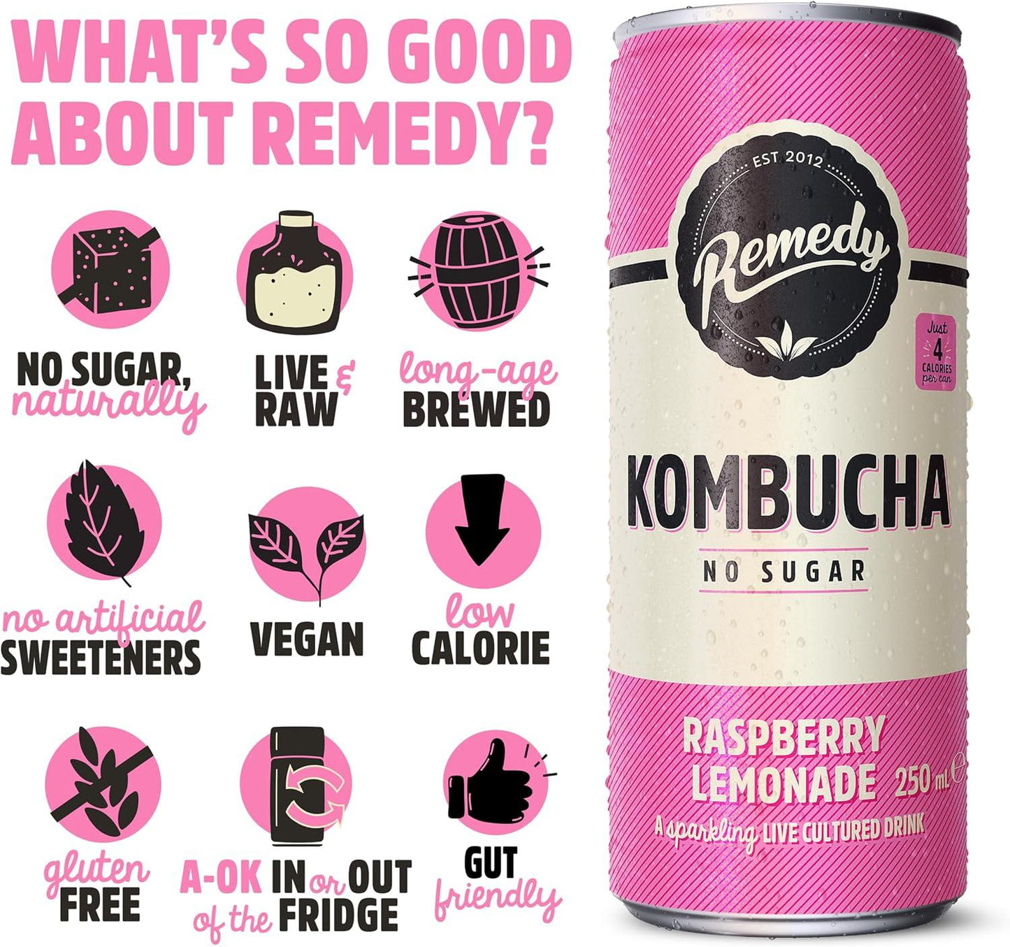 Remedy Kombucha  - Raspberry Lemonade - Sparkling Live Cultured Drink - Naturally Sugar Free Soft Drink - Prime Probiotic Drink for Gut Health - 12 X 250Ml REMEDY Kombucha