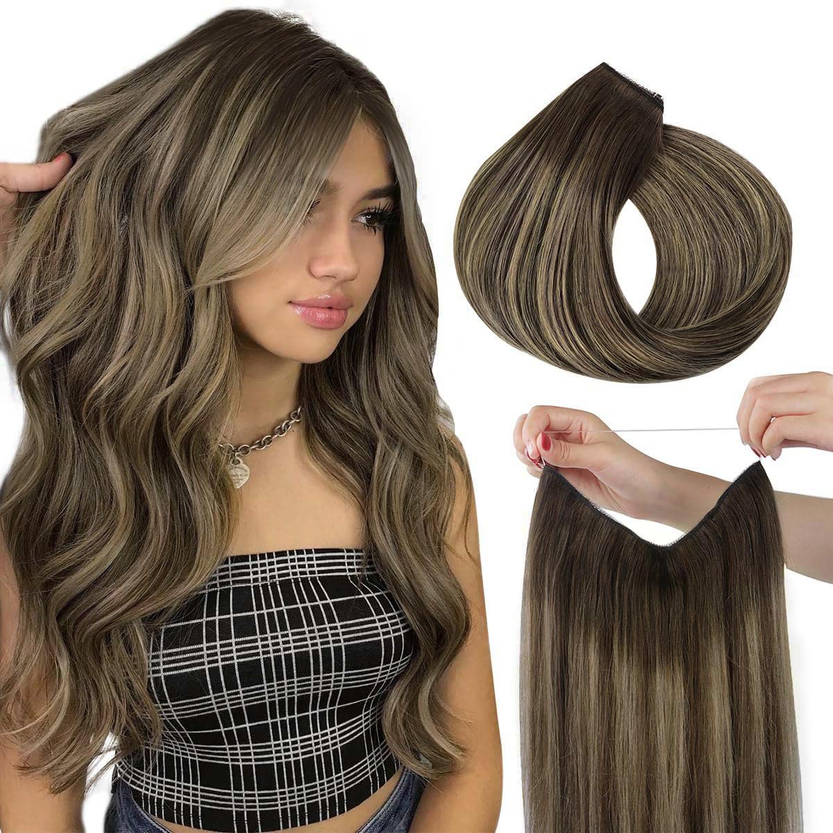 Hotbanana Wire Hair Extensions, 14 Inch 75G Chocolate Brown Fish Line Hair Extensions Real Human Hair Straight Invisible Remy Hair Human Extension hotbanana