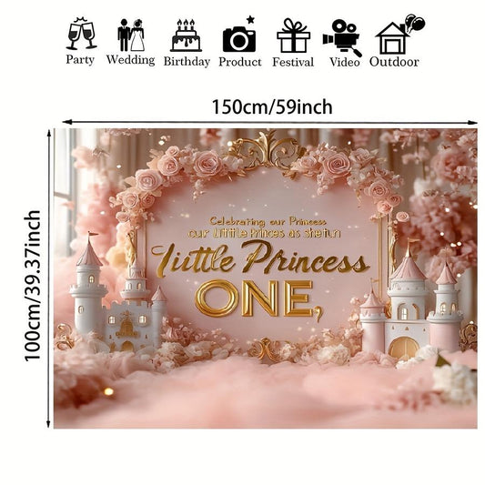 Charming Pink Floral And Castle-Themed Happy Birthday Backdrop - a Durable Vinyl Banner Featuring a 'Little Princess Is One' Design, Perfect for Commemorative Photos, Cake Tables, Outdoor Celebrations, And Birthday Party Decorations.