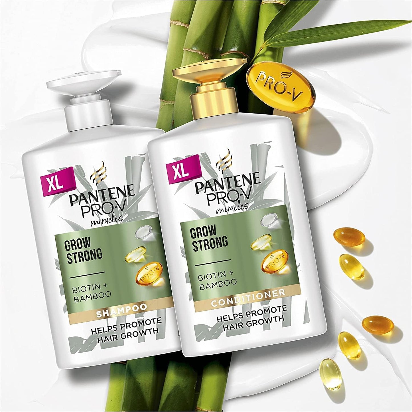 Pantene Grow Strong Shampoo and Conditioner Set, XL Hair Growth Shampoo for Dry Damaged Hair, Helps Reduce Hair Loss with Bamboo and Biotin, VALUE PACK, 2X 1L