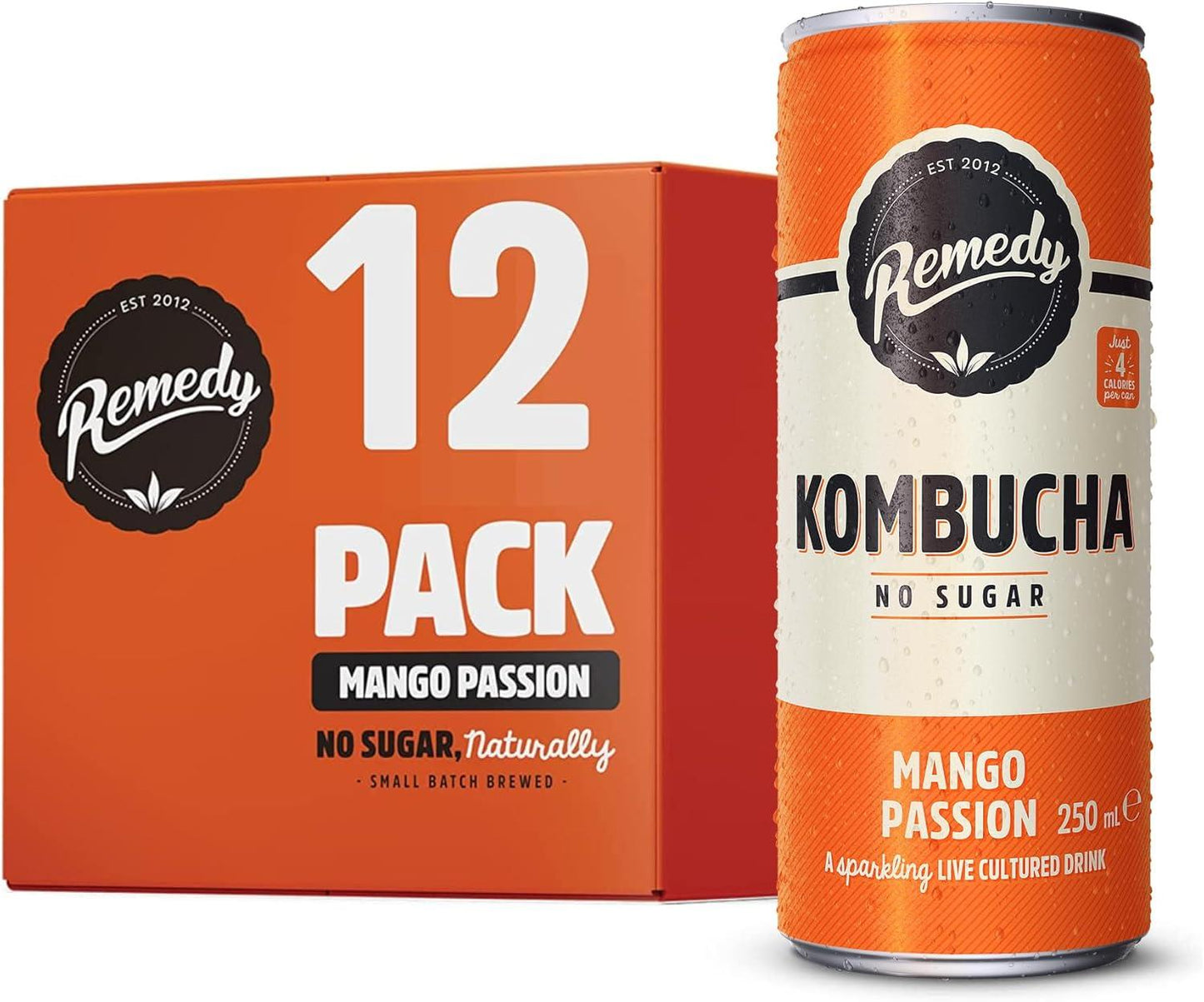 Remedy Kombucha Mango Passion Sparkling Live Cultured Soft Drink 12 x 250ml No Sugar Probiotic for Gut Health Natural Fruity Taste