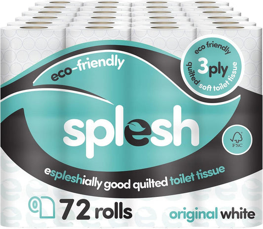 Splesh by Cusheen 3-Ply Toilet Roll - Unscented (72 Pack) Soft, Quilted Bulk Toilet Rolls, Toilet Tissue and Loo Rolls – Eco-Friendly Toilet Paper Sustainably Crafted in the UK