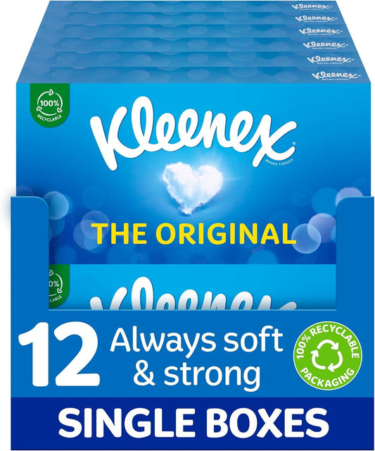 Kleenex Original Facial Tissues - Pack of 12 Tissue Boxes - Soft Tissues for Everyday Use - Gentle on Your Family'S Skin with a Touch of Cotton