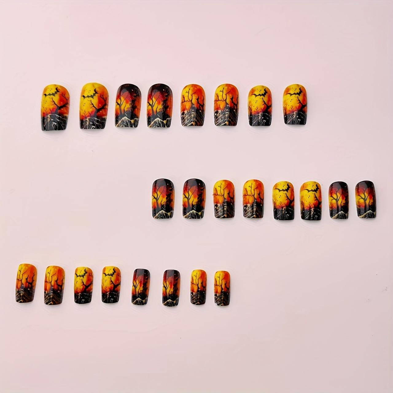 24pcs Halloween Press-On Nails - Black & Orange  Fake Nails Halloween Nail Art