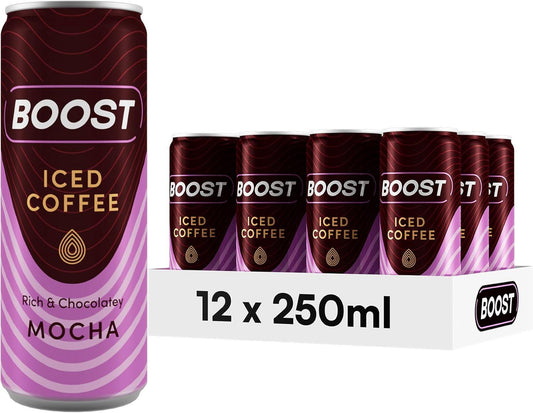 Boost Iced Coffee Cans Mocha | 12 Canned Drinks with High Caffeine, Arabica and Robusta Coffee Beans and Milk | Ice Coffee Bulk Drinks | Gluten Free Coffee Chocolate Mocha Drinks Multipack | 12X250Ml