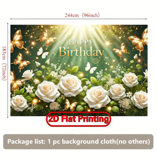 2D FLAT Printing Banner, 1pc Vibrant Polyester Backdrop with Golden Butterflies & White Roses - Perfect for Birthdays, Weddings, and Holiday Celebrations, Easy Setup & Reusable, 243.84x182.88cm, Holiday Backdrop | Golden Butterfly Design