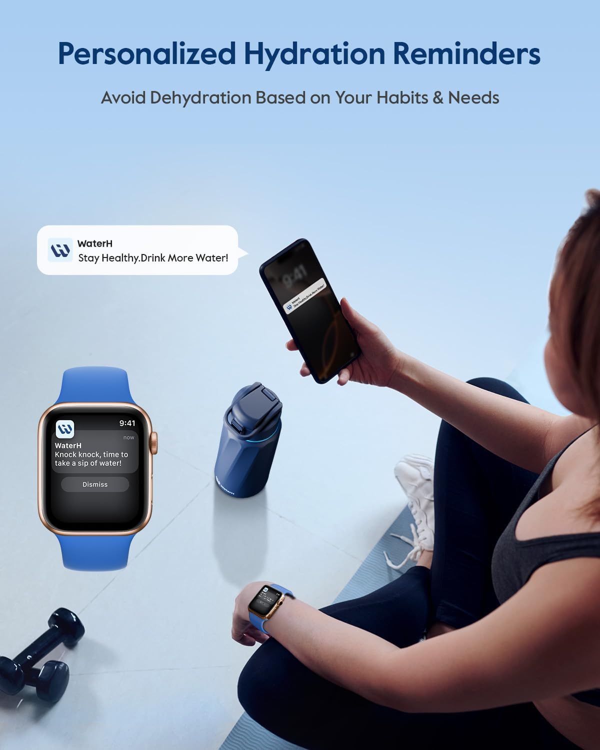 BOOST Smart Water Bottle with Hydration Reminder & Tracker - Vacuum Insulated Water Bottles Stainless Steel, Bpa-Free Wide Mouth, Ideal for Gym, School, Office - Blue (946Ml/1L, 32Oz) WATERH