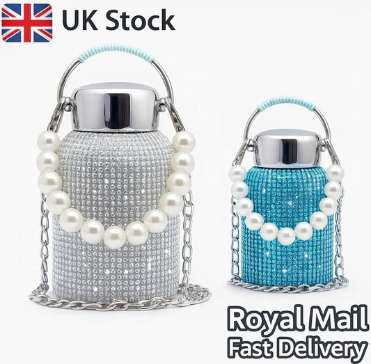 Water Bottle Rhinestone with Pearl Bracelet Chain Stainless Steel Bling Vacuum Flask Insulated Thermal Bottle Glitter Water Bottle for Women Christmas Birthday Gift,Silver No brand
