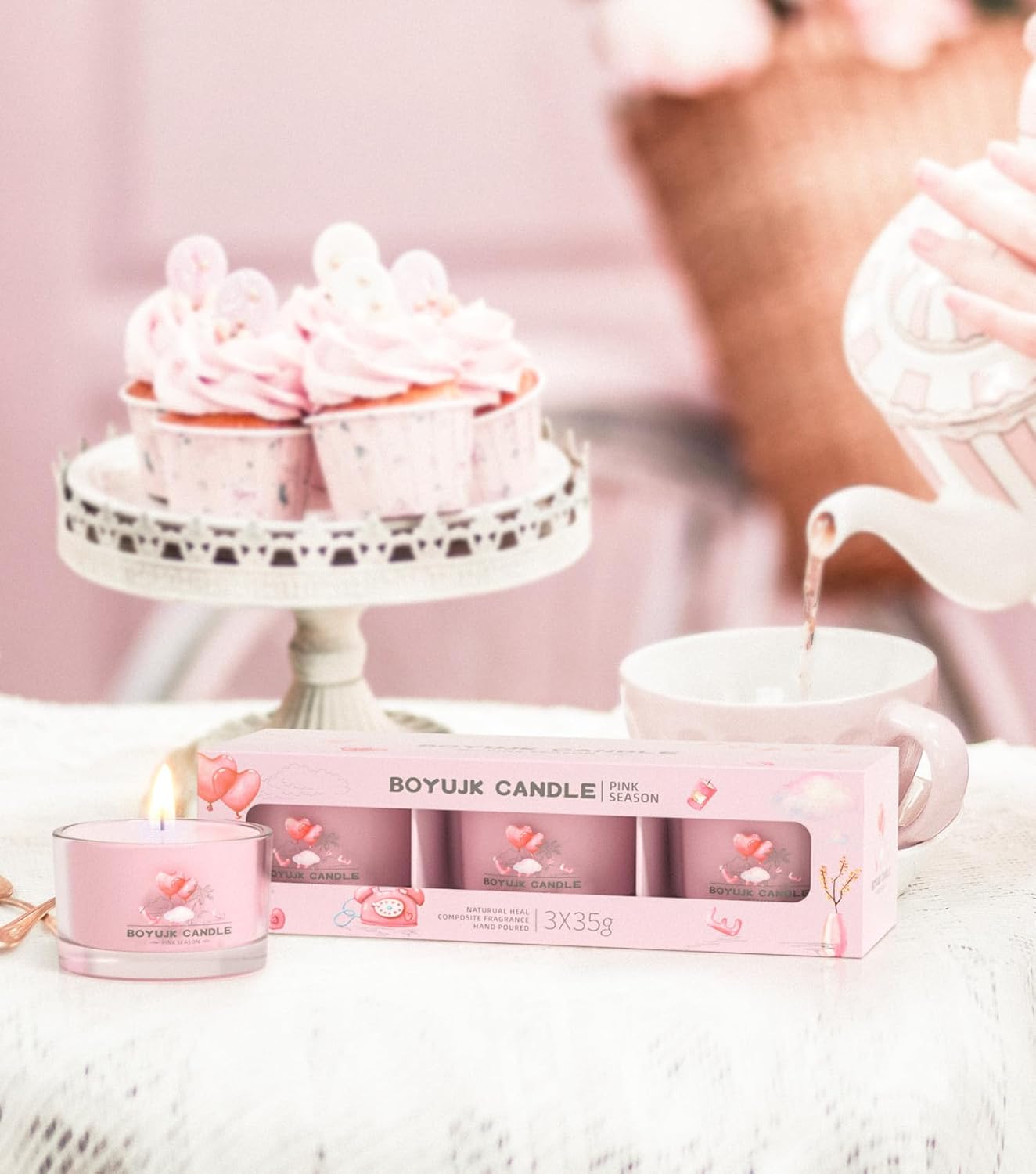 BOYUJK Scented Candles Gift Set for Anxiety | 3 Scented Filled Votive Candles | Relaxation Gifts for Women (Pink Season Collection)