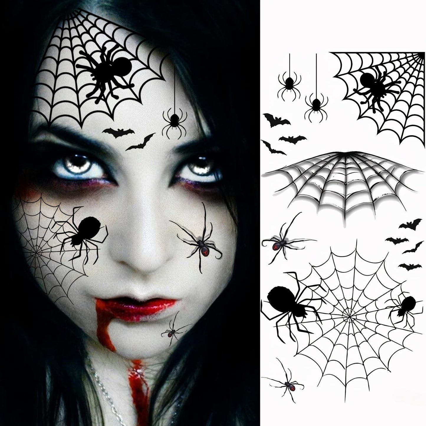 Halloween Temporary Tattoos - 1 Sheet Waterproof Realistic Spider Web, Spiders & Bats Design | Long-Lasting Fake Tattoo Stickers for Adults | Oblong Shape for Arm, Thigh, Leg, Forearm, Shank