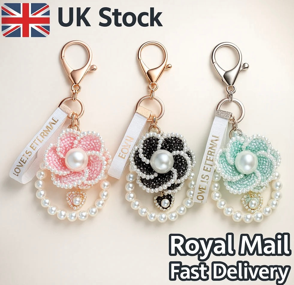 Luxury Pearl Chain Camellia Weave Handmade Keychain Car Key Ring Bag Pendant Accessories Keyfob Women Girl Keyring Gift Jewelry No brand
