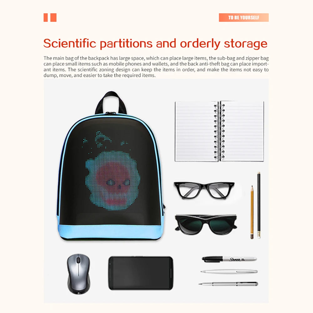 Smart LED Display Backpack Laptop Bag Programmable Screen Shoulder Waterproof