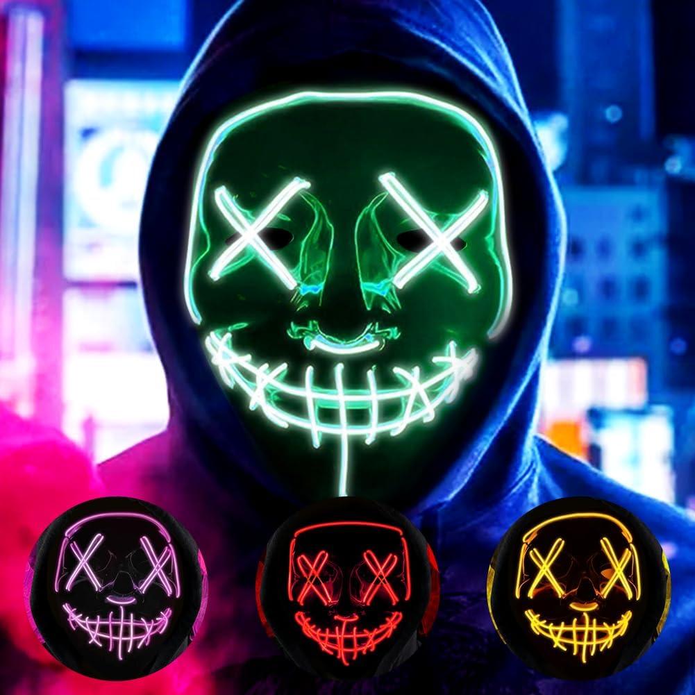 HATFRYF Halloween Masks, Horror LED Mask, Light up Mask, Scary Masks with 3 Lighting Modes, Rave Face Masks Costume for Kids Men Women Halloween Christmas Carnival Festival Cosplay Party
