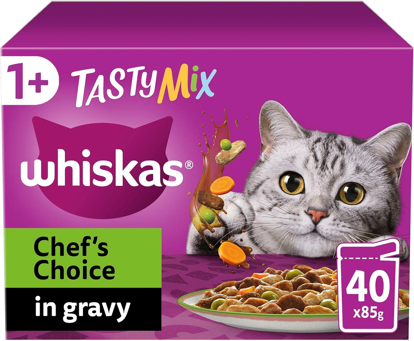 Whiskas 1+ Adult Classic Selection in Gravy 84 Pouches, Adult Wet Cat Food, Megapack (84 X 85 G) whiskas