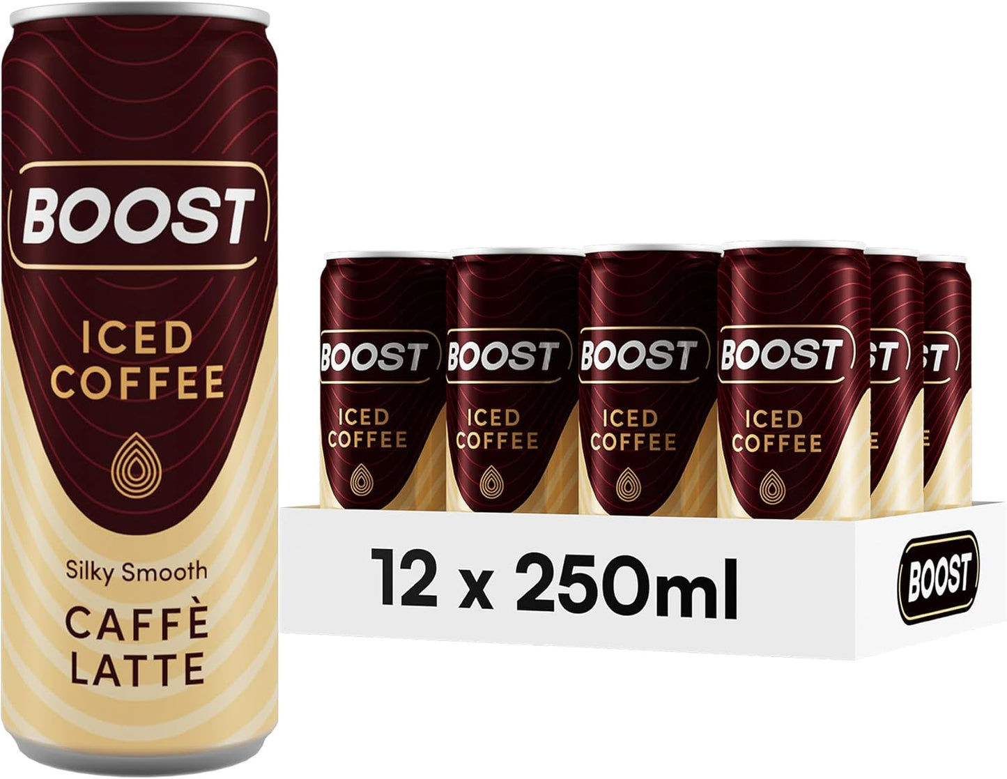 Boost Iced Coffee Cans Caramel Latte | 12 Canned Drinks with High Caffeine, Arabica and Robusta Coffee Beans and Milk | Ice Coffee Bulk Drinks | Gluten Free Caramel Coffee Drinks Multipack | 12X250Ml