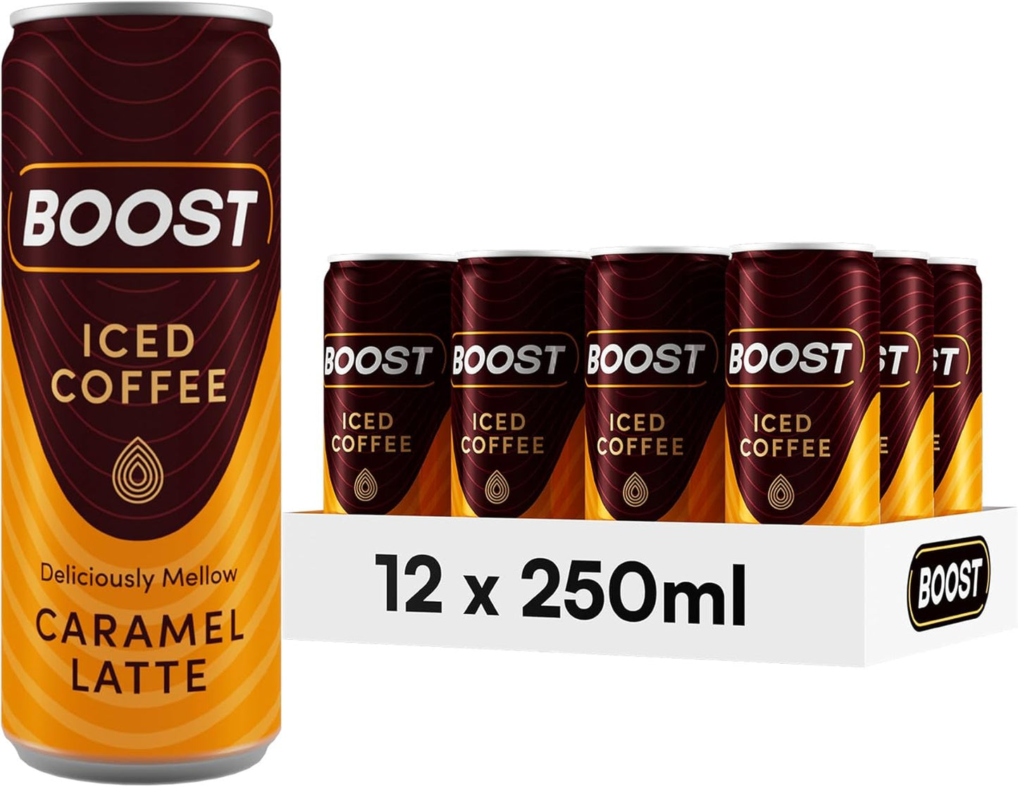 Boost Iced Coffee Cans Caramel Latte | 12 Canned Drinks with High Caffeine, Arabica and Robusta Coffee Beans and Milk | Ice Coffee Bulk Drinks | Gluten Free Caramel Coffee Drinks Multipack | 12X250Ml