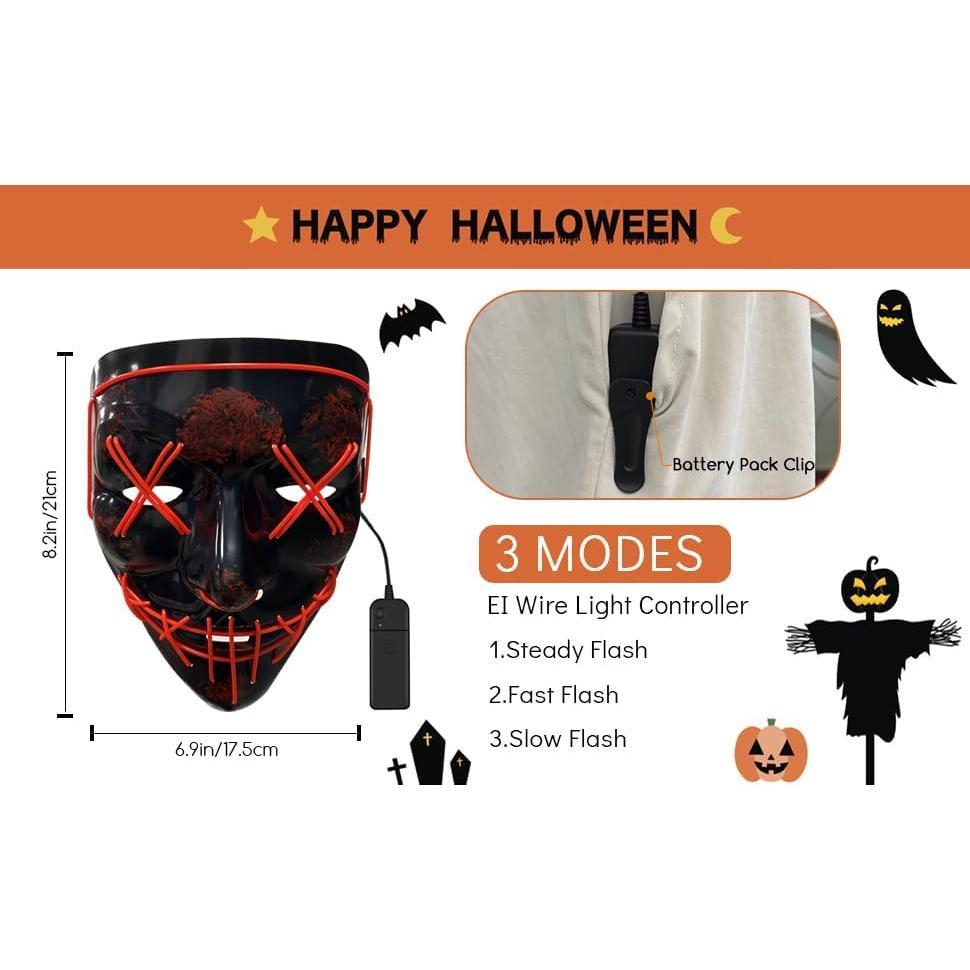 Jsdoin Halloween Masks, Scary LED Purge Mask, Light up Mask Cosplay, LED Rave Face Mask Costume 3 Lighting Modes, Halloween Face Masks for Men Women Kids
