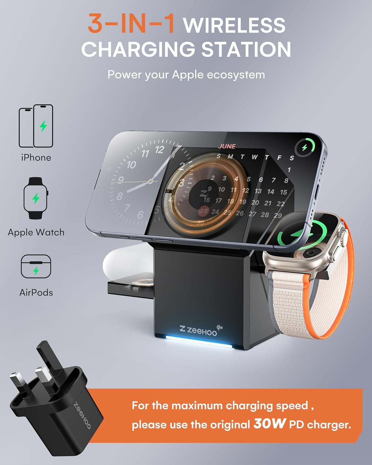 ZEEHOO 3 in 1 Wireless Charging Station for Apple Magsafe Charger Stand, Qi2 Wireless Charger,15W Magnetic Charger Dock for Iphone 16,15,14,13,12, for Apple Watch,Airpods (Black)